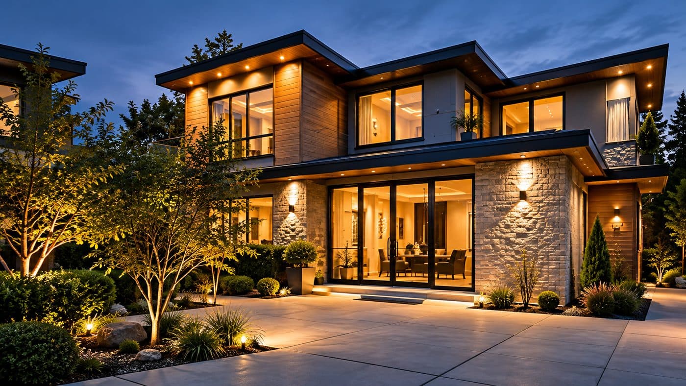 Example construction website with a modern house lit at dusk
