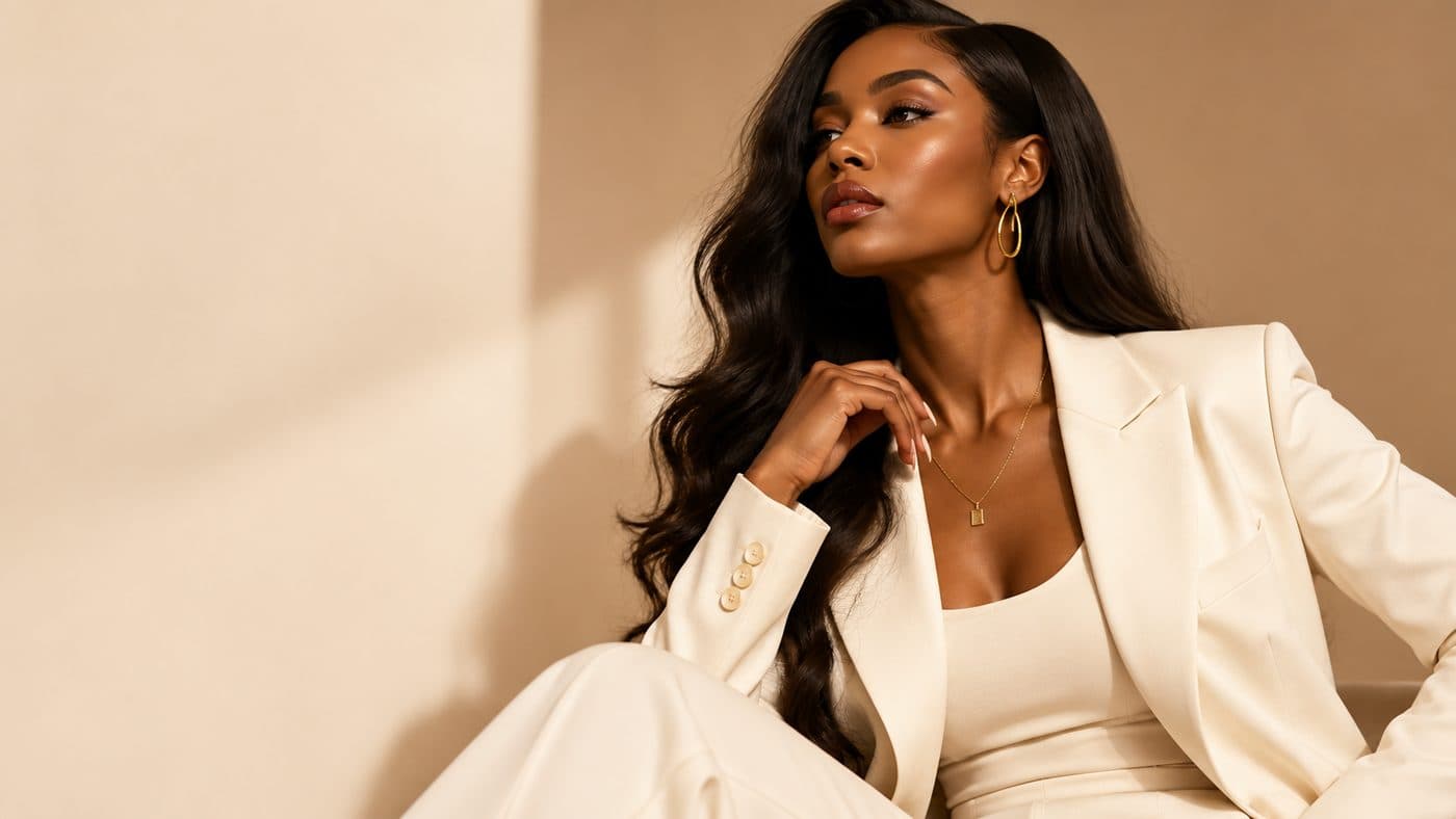 Example fashion store website with a model in a cream suit
